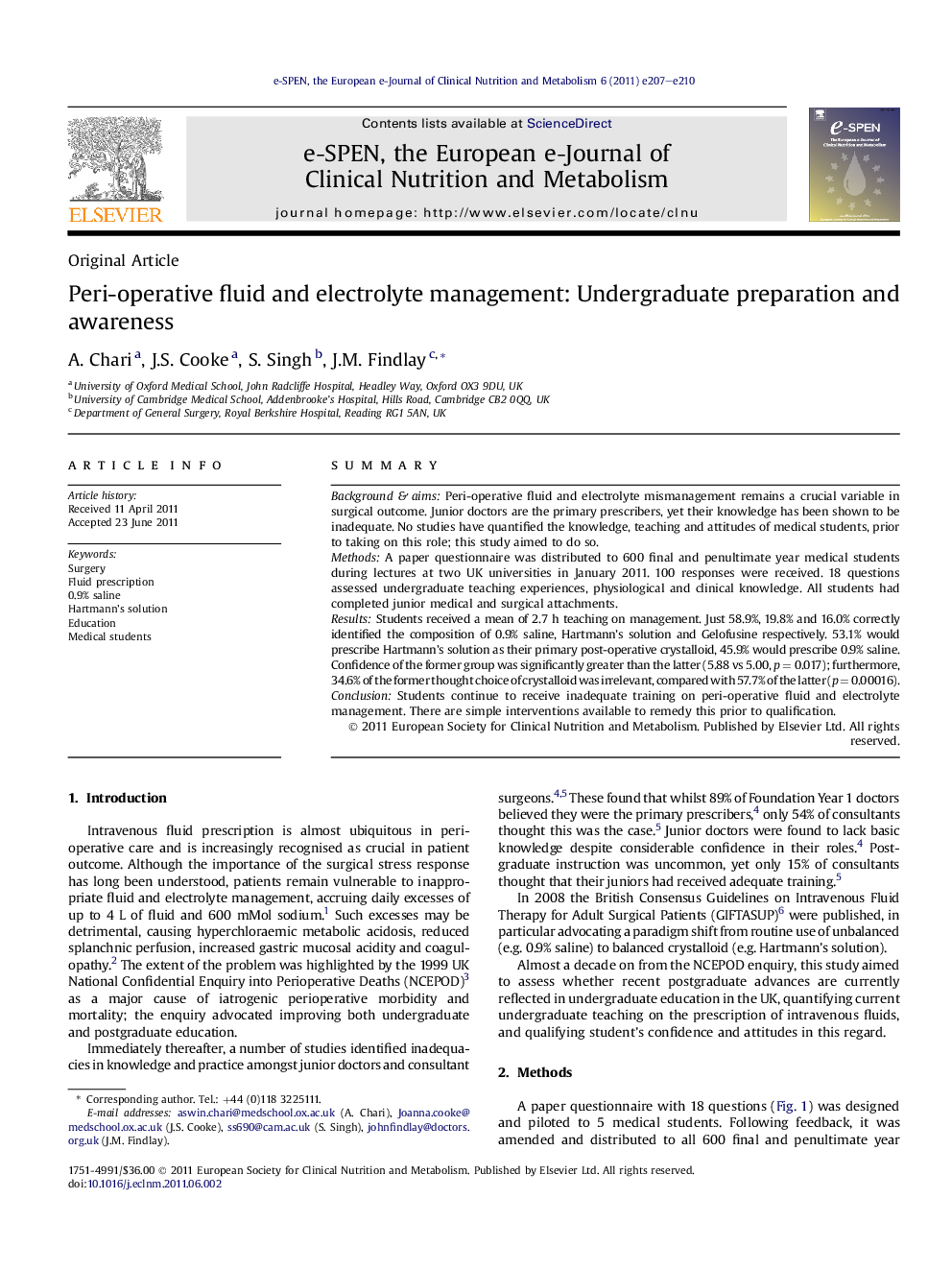 Peri-operative fluid and electrolyte management: Undergraduate preparation and awareness