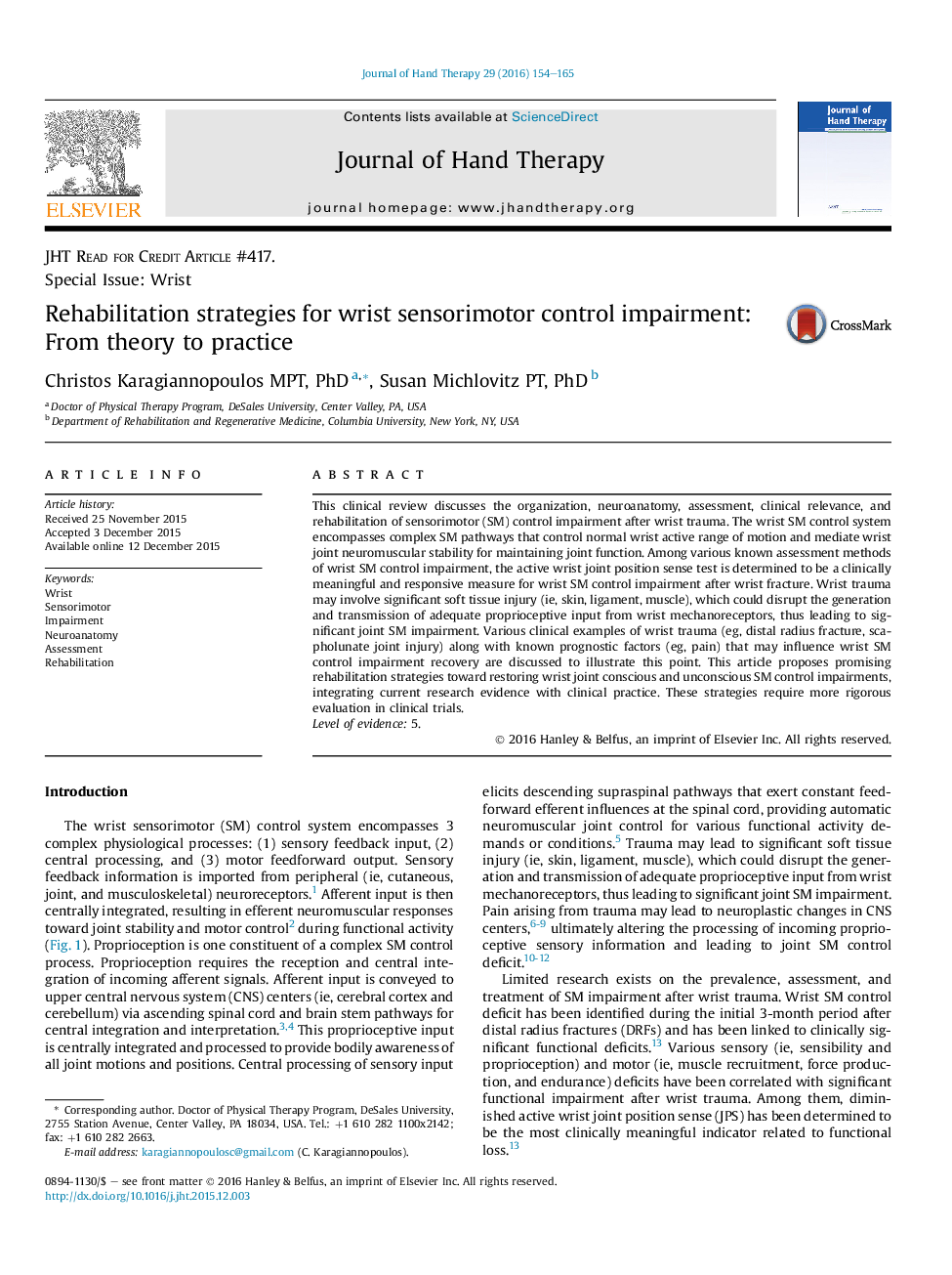 Rehabilitation strategies for wrist sensorimotor control impairment: From theory to practice