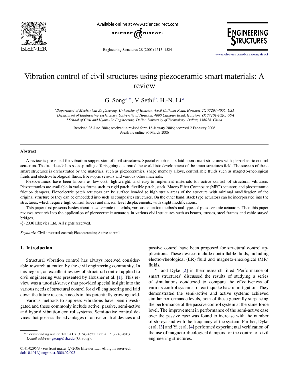 Vibration control of civil structures using piezoceramic smart materials: A review