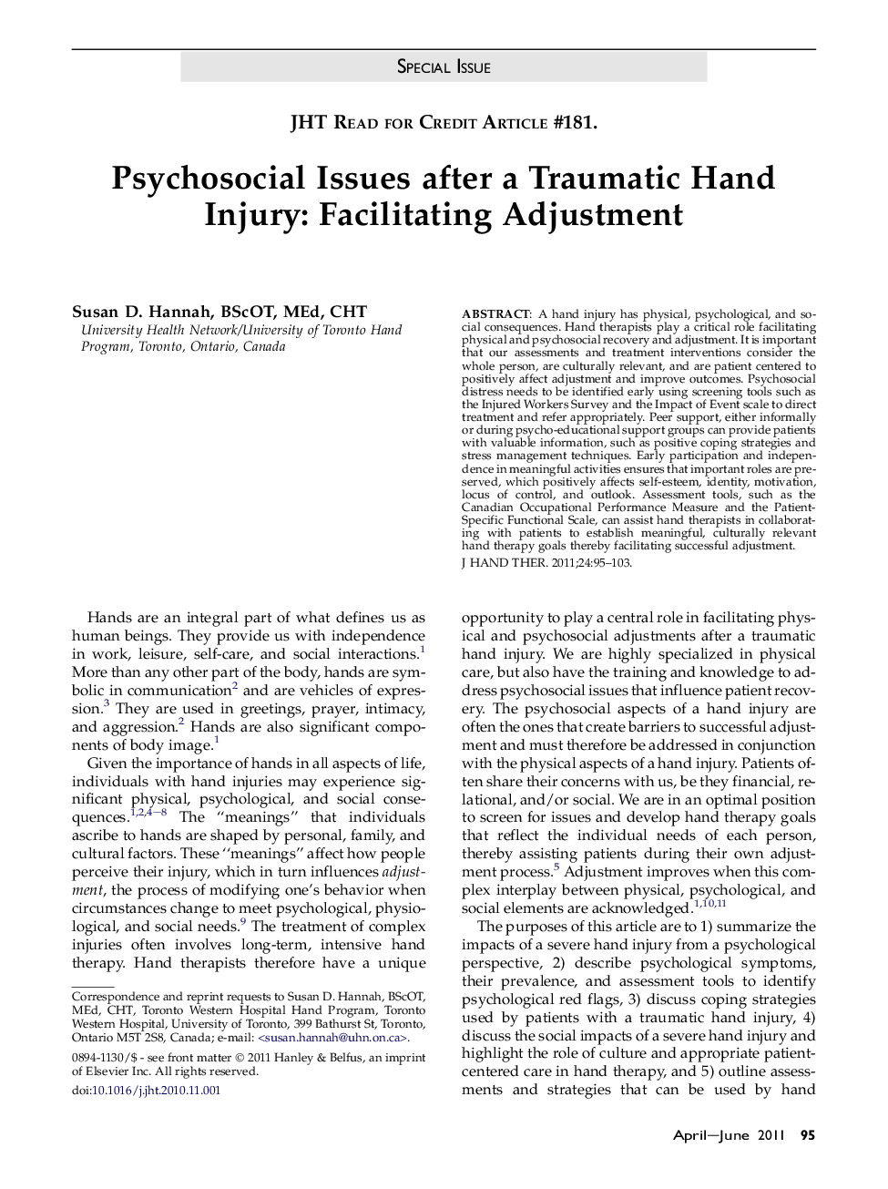 Psychosocial Issues after a Traumatic Hand Injury: Facilitating Adjustment