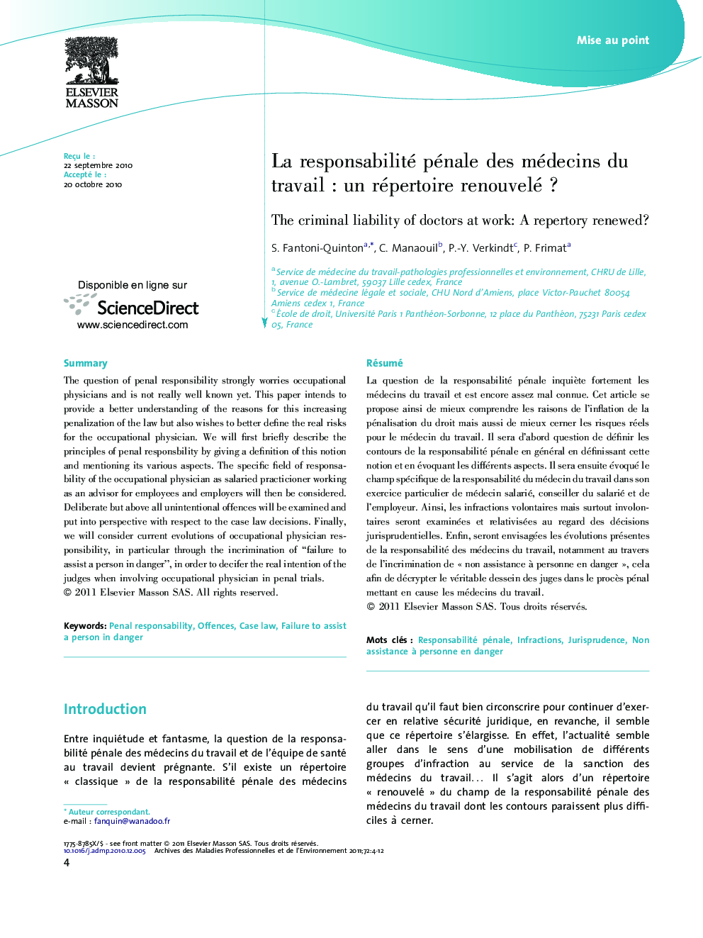 La responsabilité pénale des médecins du travailÂ : un répertoire renouveléÂ ?