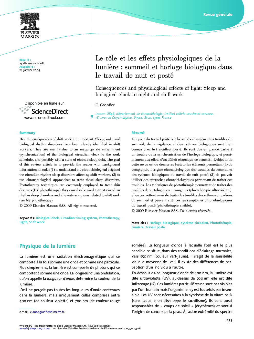 Le rÃ´le et les effets physiologiques de la lumiÃ¨reÂ : sommeil et horloge biologique dans le travail de nuit et posté