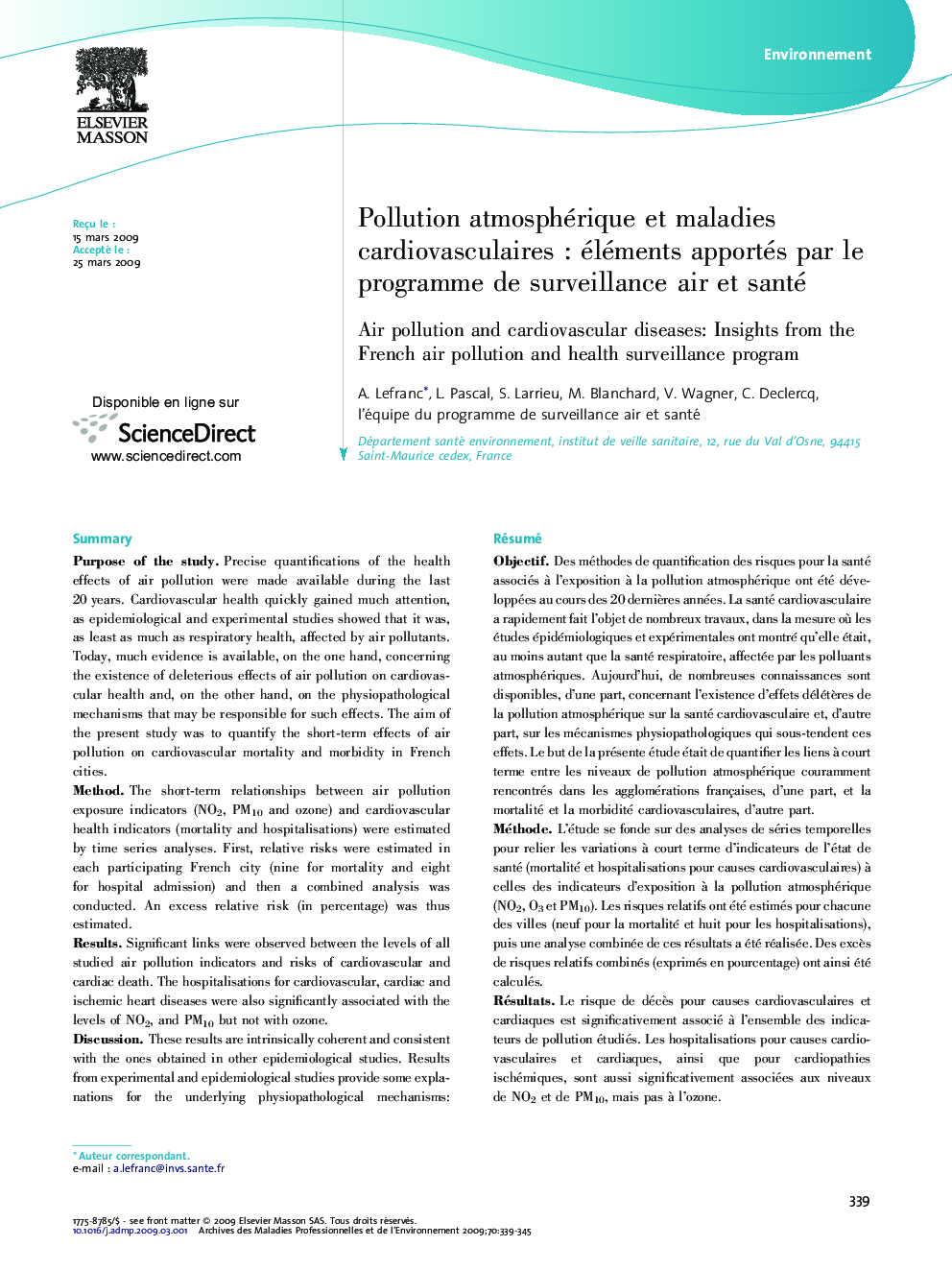 Pollution atmosphérique et maladies cardiovasculairesÂ : éléments apportés par le programme de surveillance air et santé