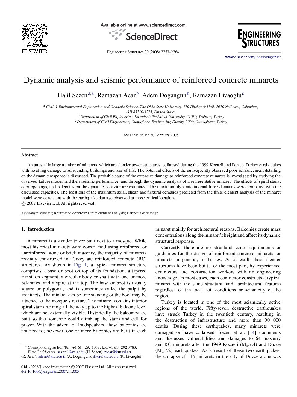 Dynamic analysis and seismic performance of reinforced concrete minarets