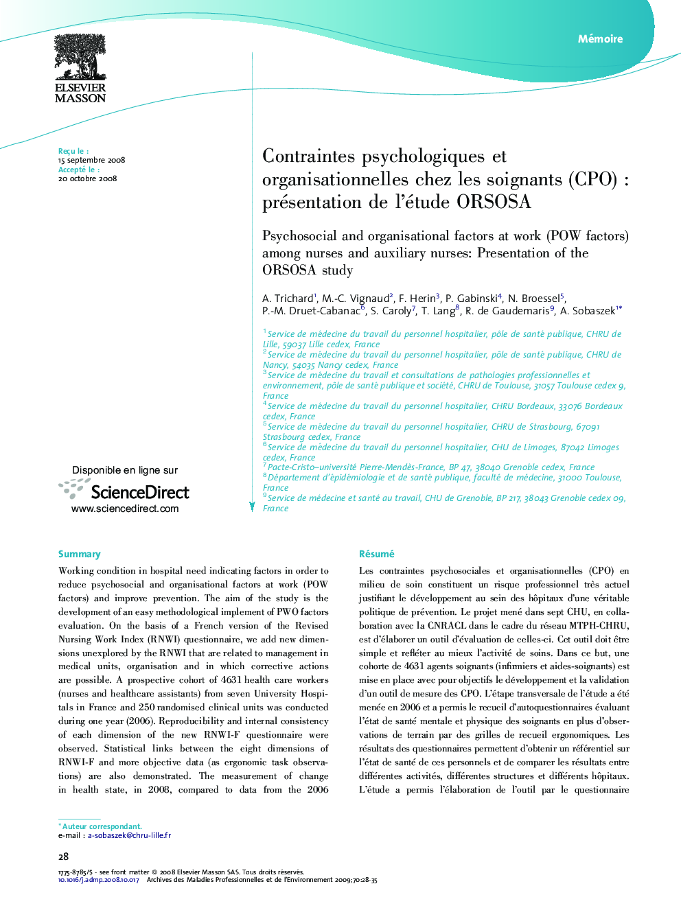 Contraintes psychologiques et organisationnelles chez les soignants (CPO)Â : présentation de l'étude ORSOSA