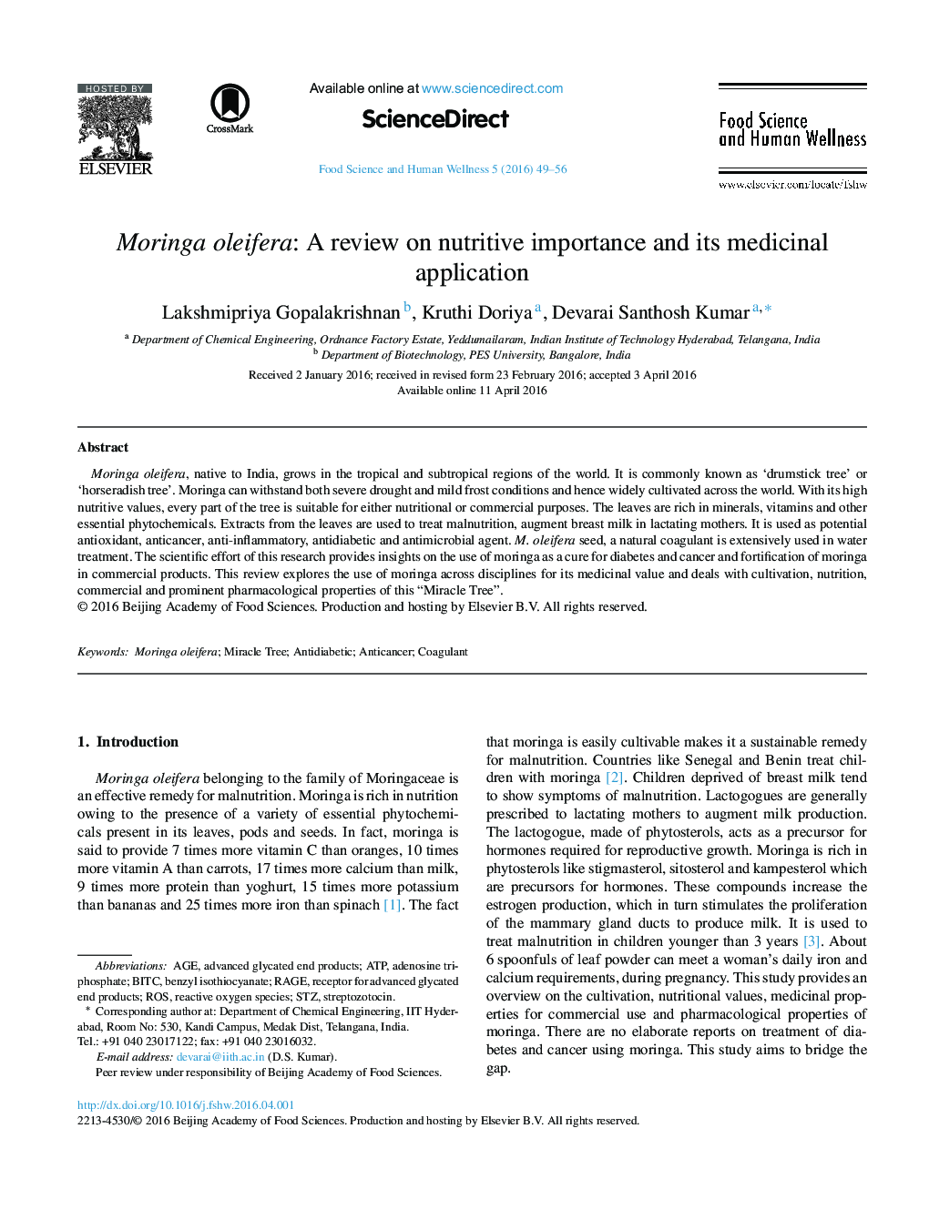 Moringa oleifera: A review on nutritive importance and its medicinal application 