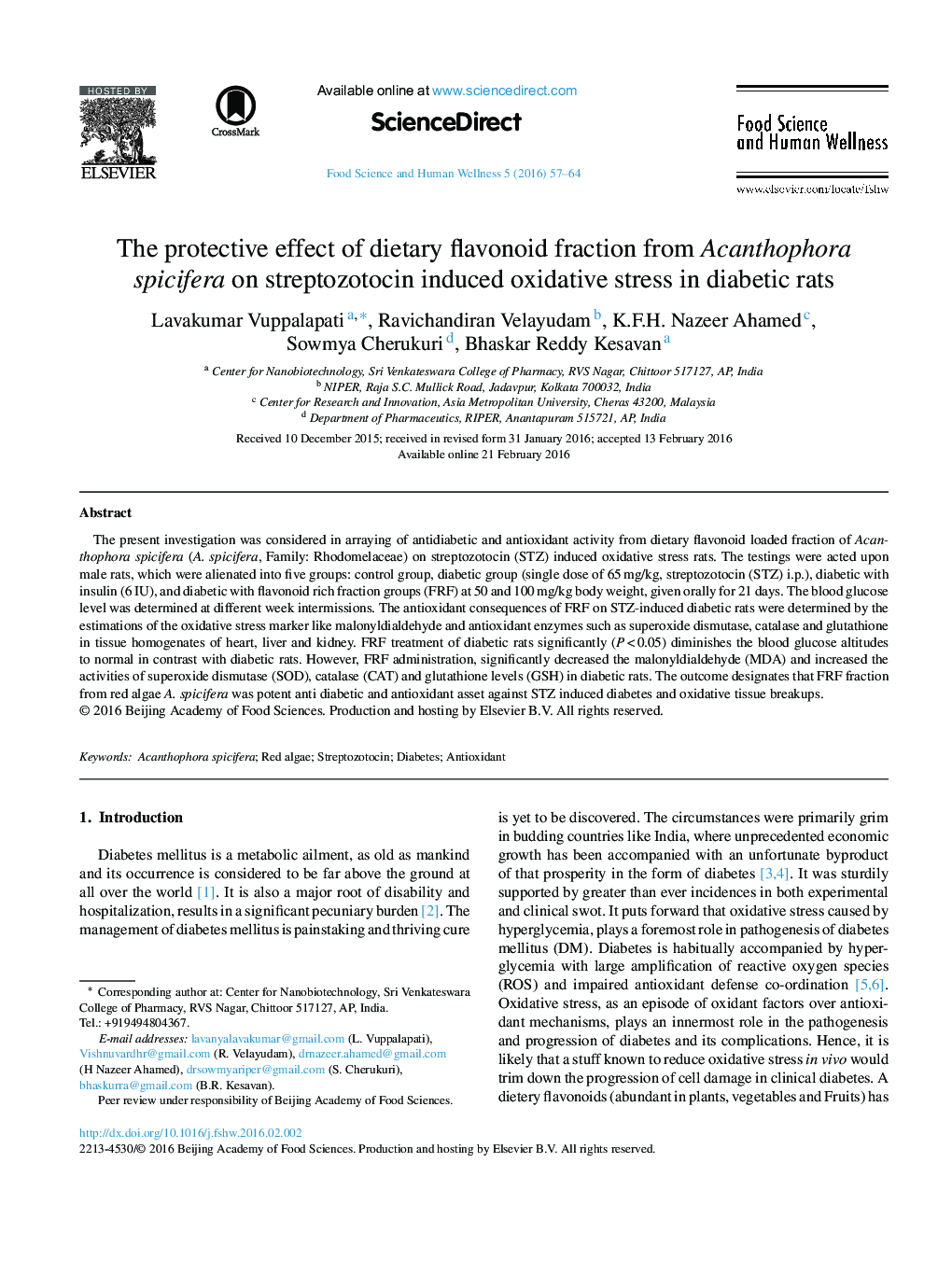 The protective effect of dietary flavonoid fraction from Acanthophora spicifera on streptozotocin induced oxidative stress in diabetic rats 