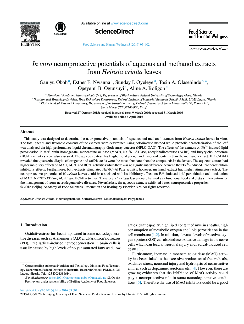 In vitro neuroprotective potentials of aqueous and methanol extracts from Heinsia crinita leaves 