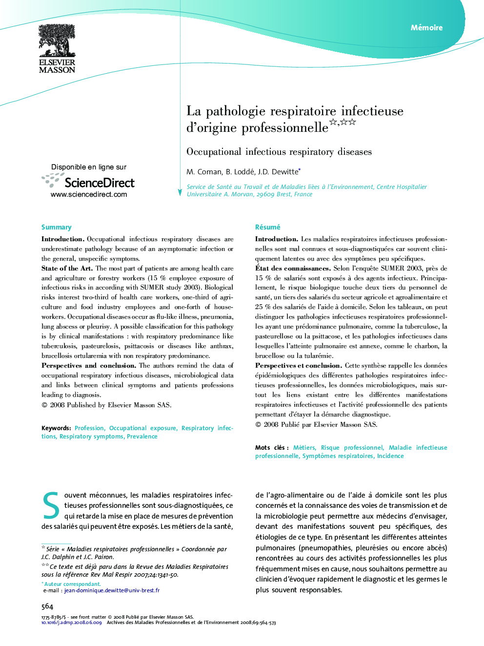 La pathologie respiratoire infectieuse d'origine professionnelle