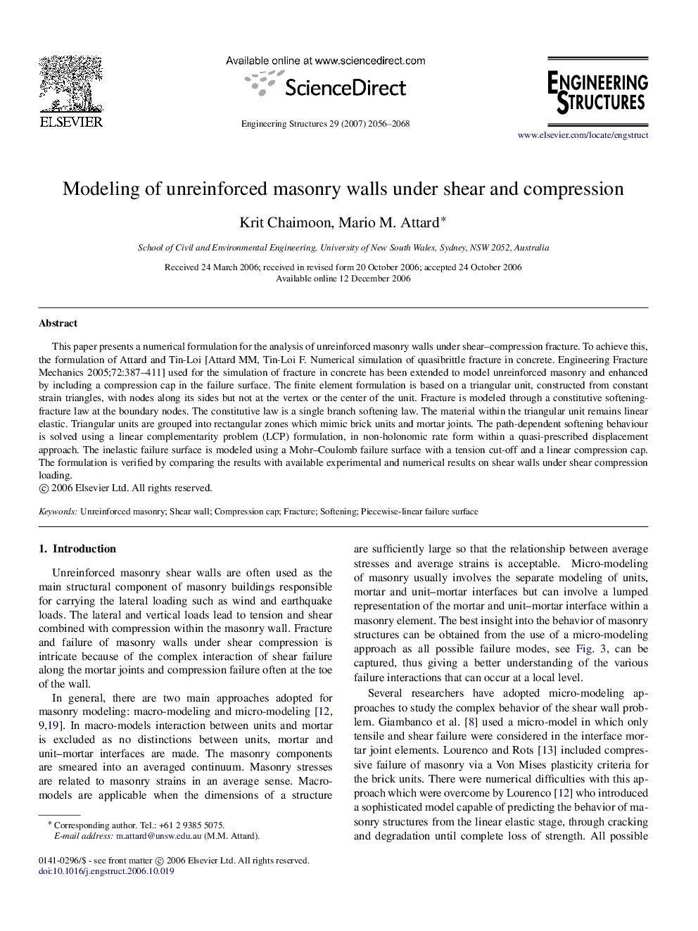 Modeling of unreinforced masonry walls under shear and compression