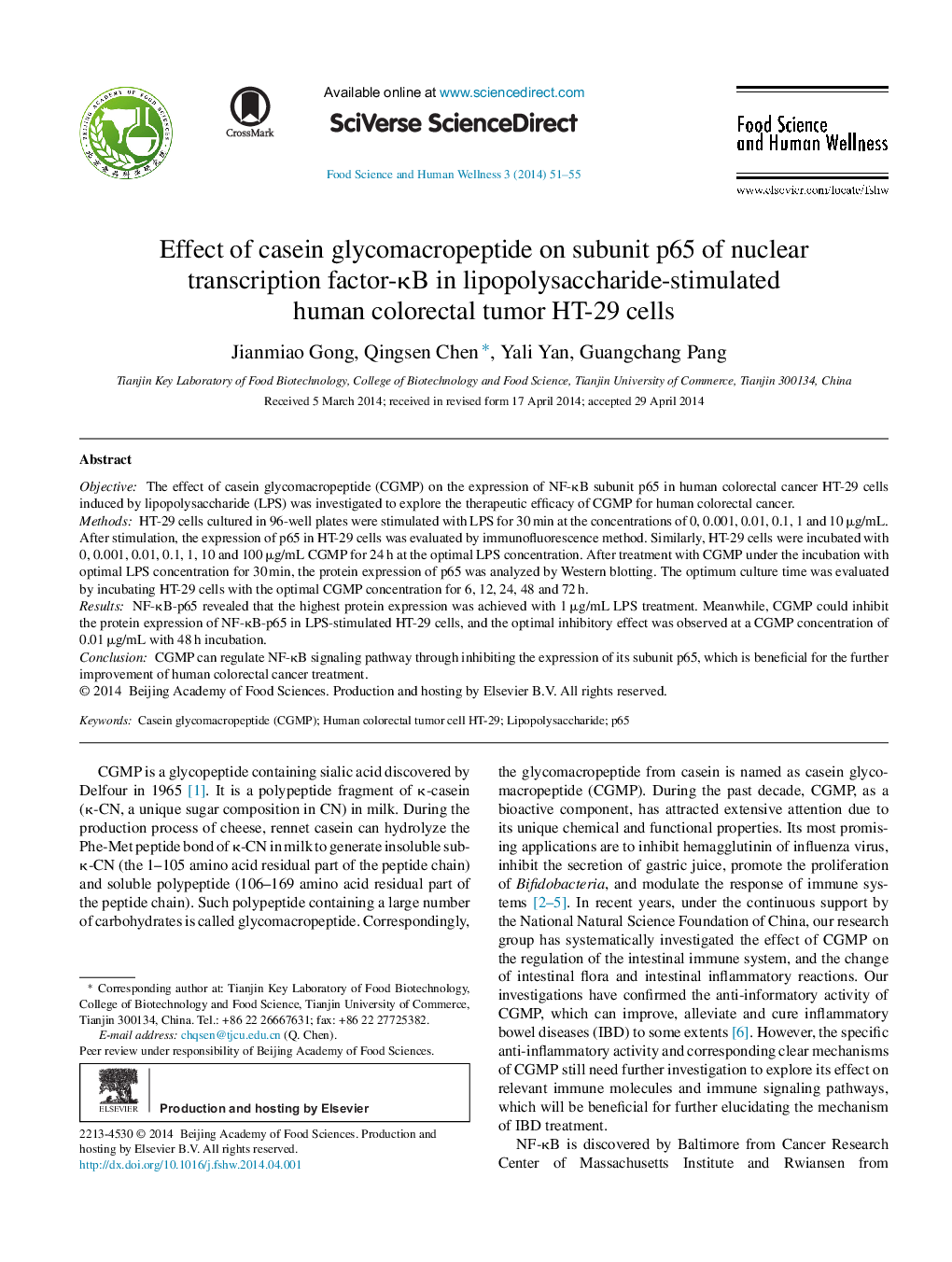 Effect of casein glycomacropeptide on subunit p65 of nuclear transcription factor-κB in lipopolysaccharide-stimulated human colorectal tumor HT-29 cells 