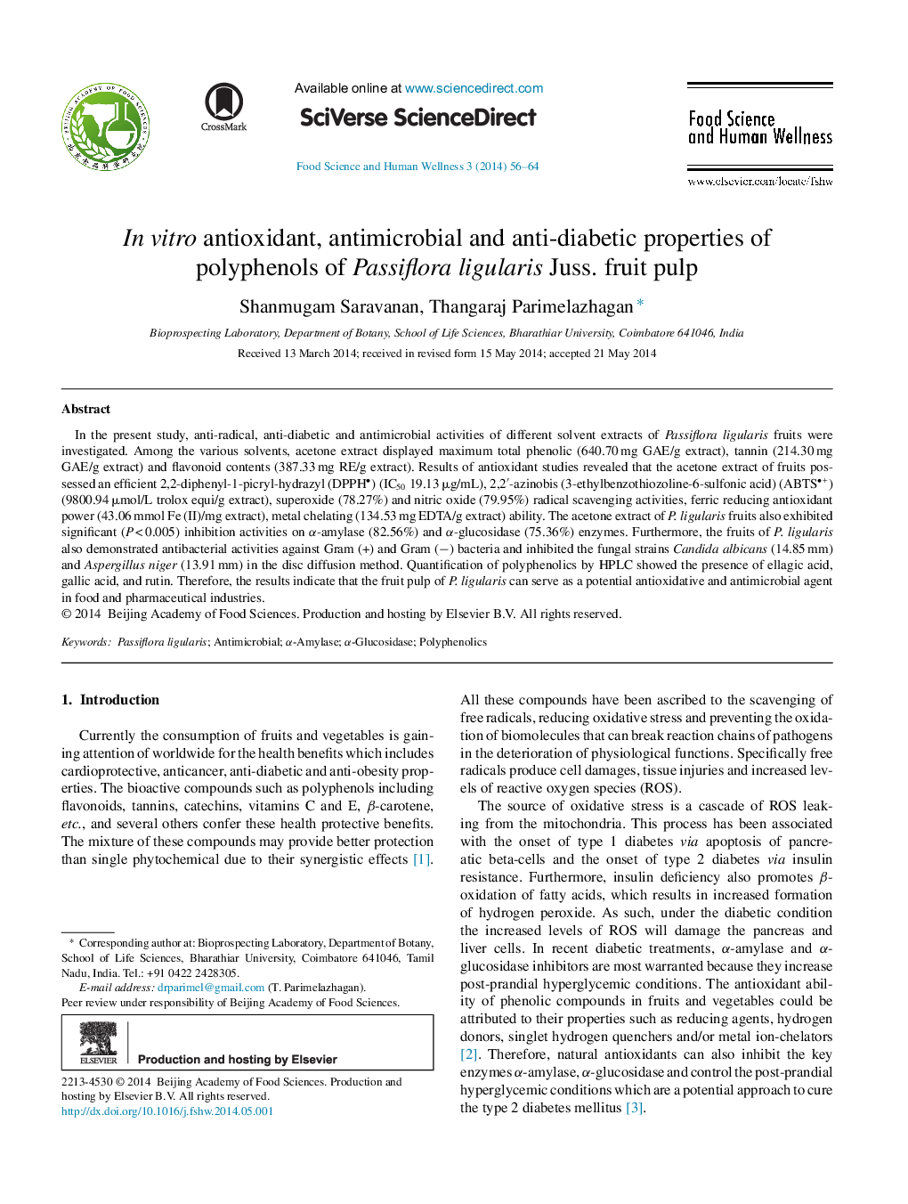 In vitro antioxidant, antimicrobial and anti-diabetic properties of polyphenols of Passiflora ligularis Juss. fruit pulp 