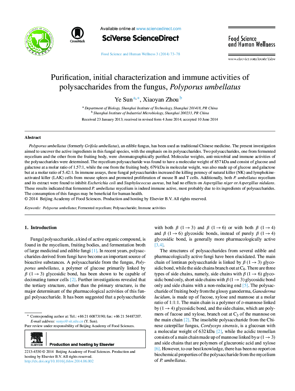 Purification, initial characterization and immune activities of polysaccharides from the fungus, Polyporus umbellatus 