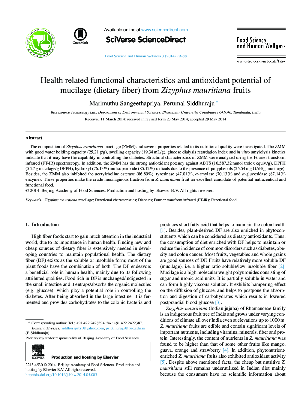 Health related functional characteristics and antioxidant potential of mucilage (dietary fiber) from Zizyphus mauritiana fruits 