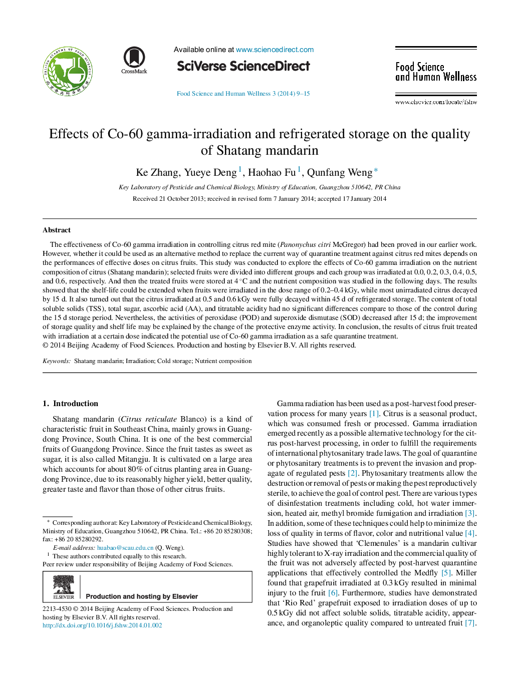 Effects of Co-60 gamma-irradiation and refrigerated storage on the quality of Shatang mandarin 