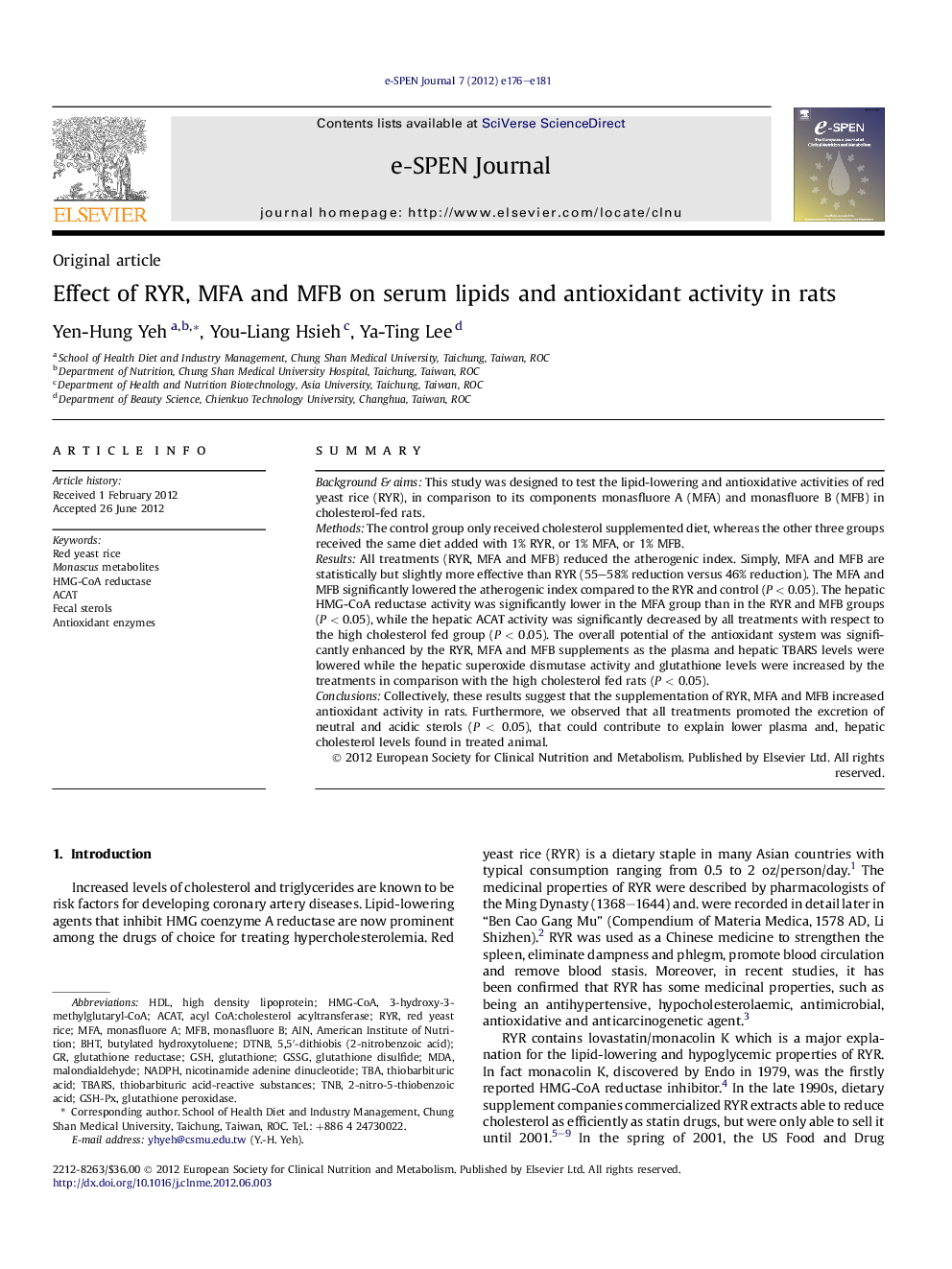 Effect of RYR, MFA and MFB on serum lipids and antioxidant activity in rats