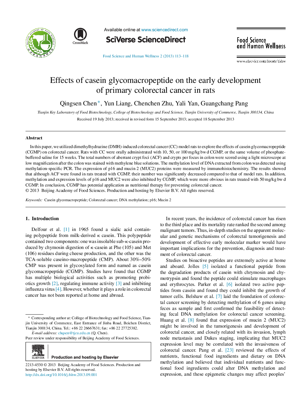 Effects of casein glycomacropeptide on the early development of primary colorectal cancer in rats 