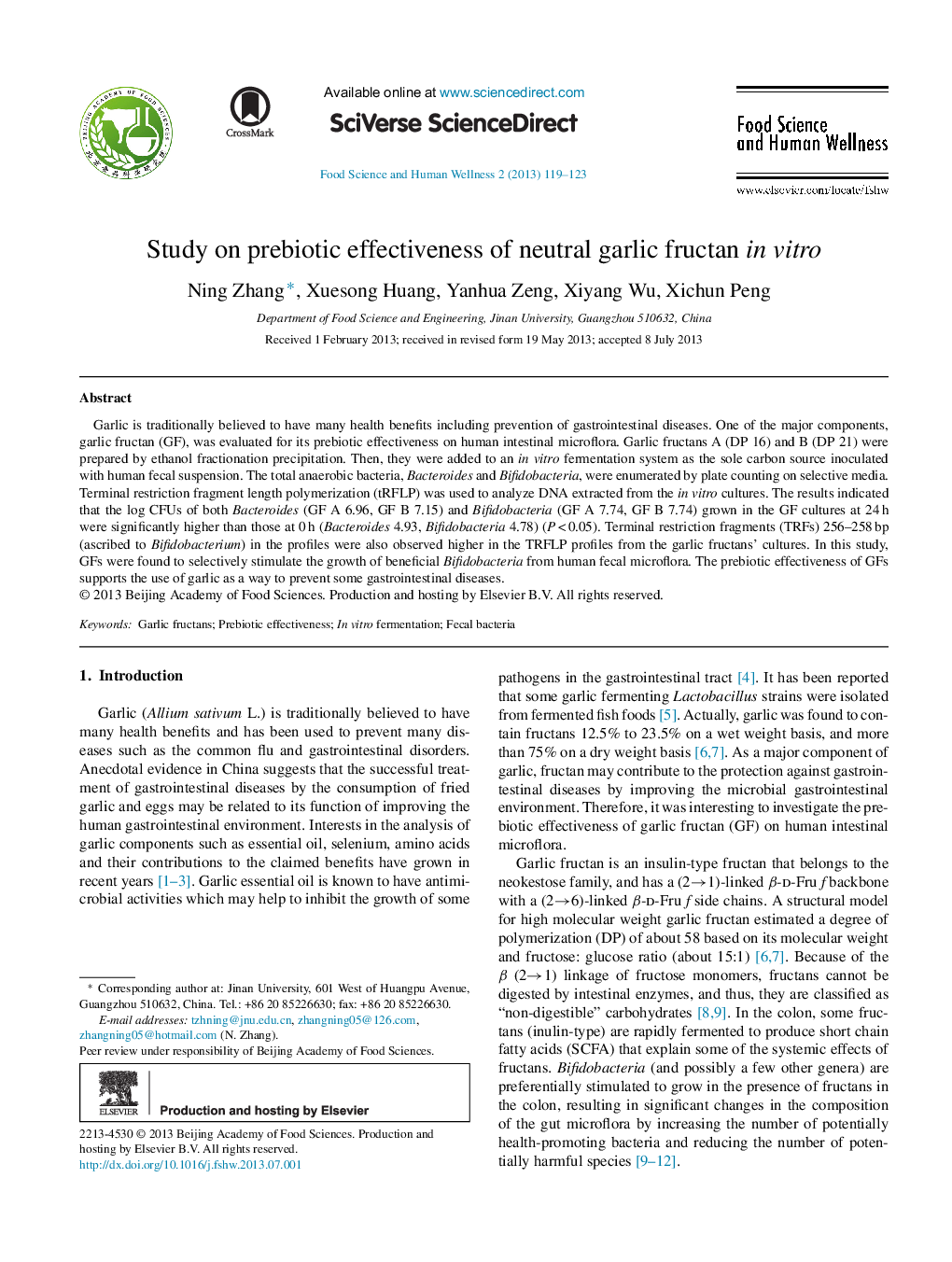 Study on prebiotic effectiveness of neutral garlic fructan in vitro 