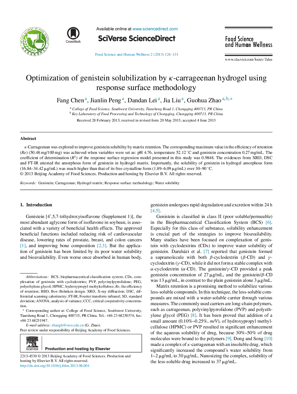 Optimization of genistein solubilization by κ-carrageenan hydrogel using response surface methodology 