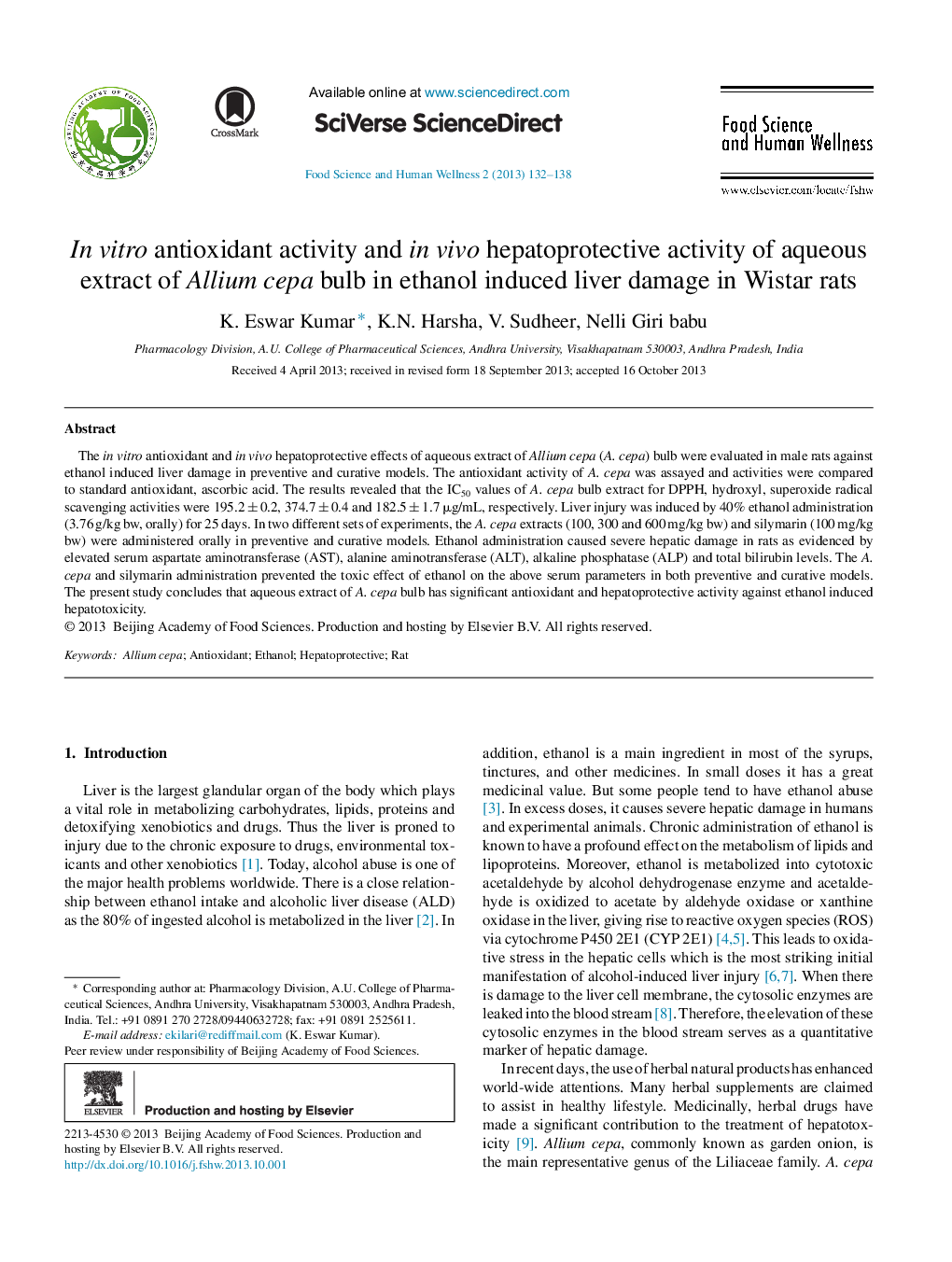 In vitro antioxidant activity and in vivo hepatoprotective activity of aqueous extract of Allium cepa bulb in ethanol induced liver damage in Wistar rats 