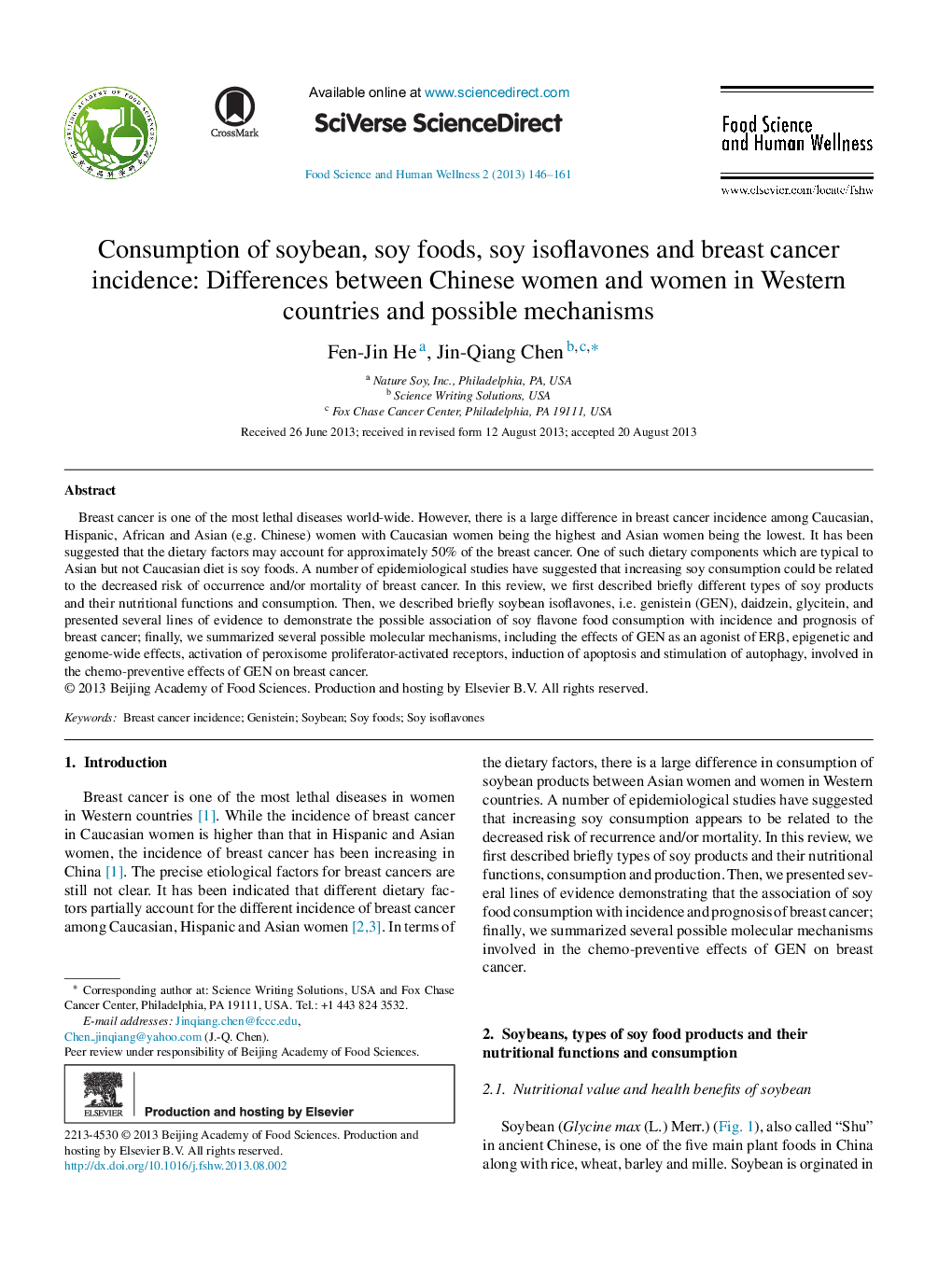 Consumption of soybean, soy foods, soy isoflavones and breast cancer incidence: Differences between Chinese women and women in Western countries and possible mechanisms 