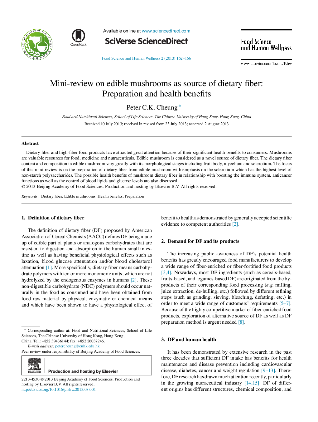 Mini-review on edible mushrooms as source of dietary fiber: Preparation and health benefits 