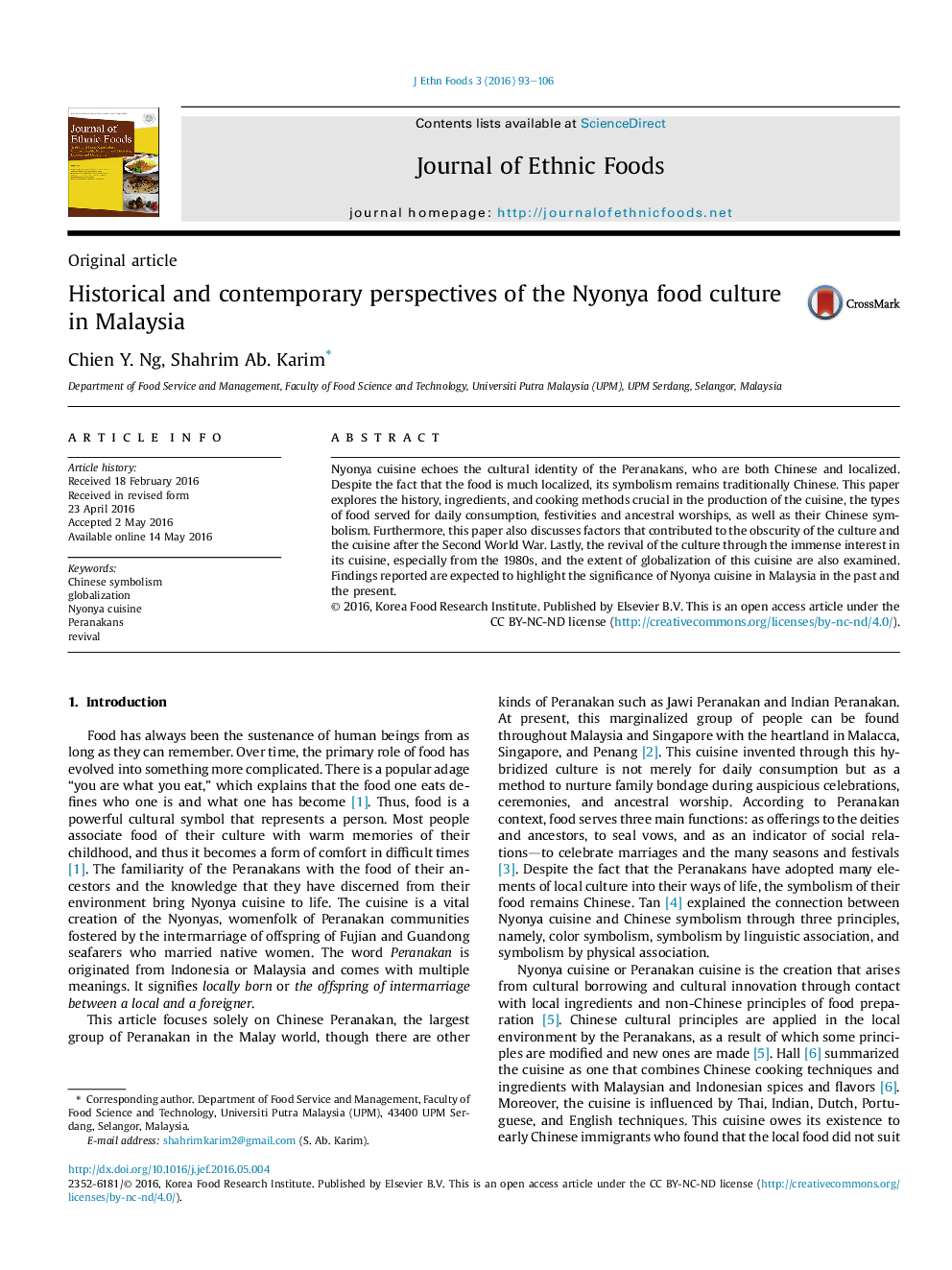 Historical and contemporary perspectives of the Nyonya food culture in Malaysia