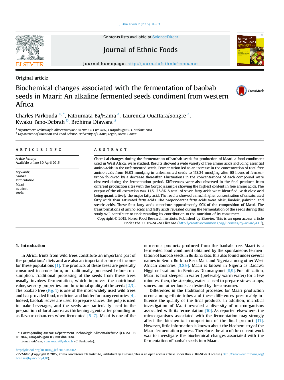 تغییرات بیوشیمیایی مرتبط با تخمیر دانه های بابااب در ماری: تهیه بذرهای قلیایی تخمیر شده از غرب آفریقا 