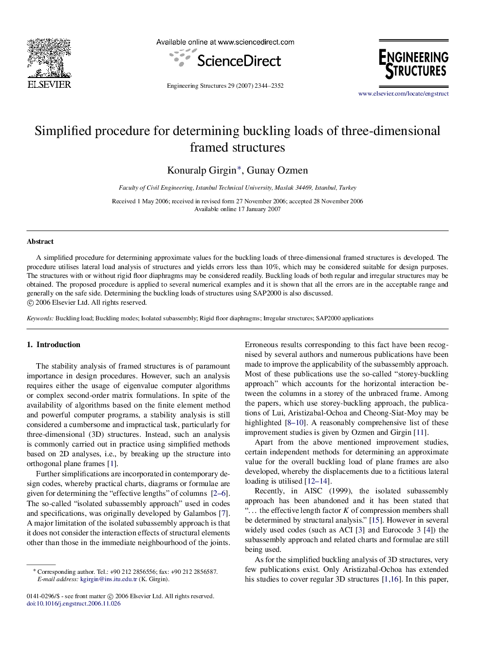 Simplified procedure for determining buckling loads of three-dimensional framed structures