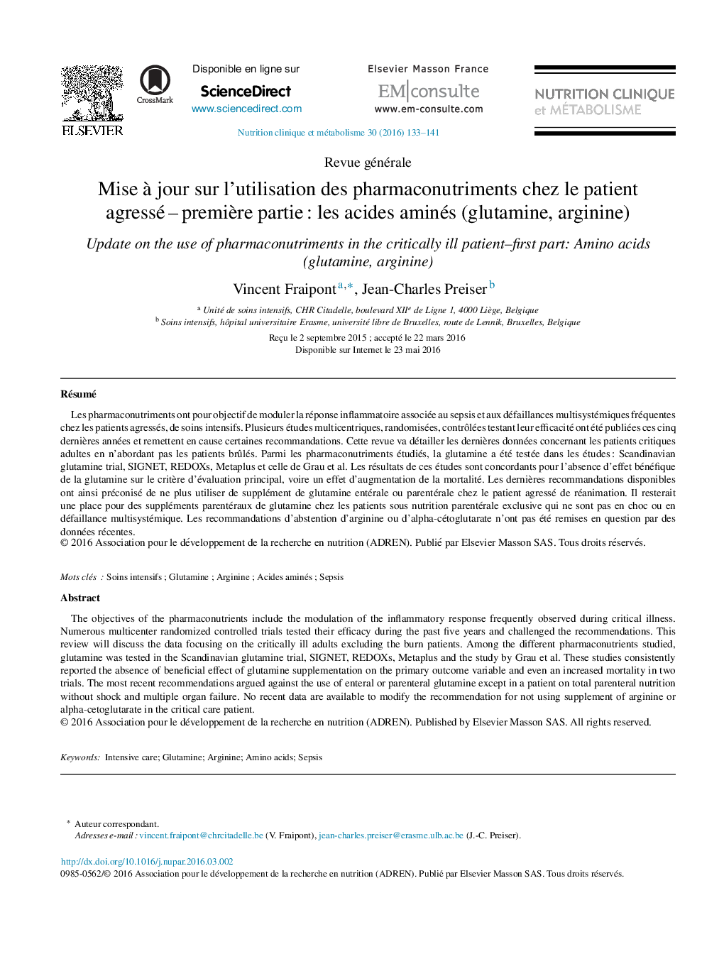 Mise à jour sur l’utilisation des pharmaconutriments chez le patient agressé – première partie : les acides aminés (glutamine, arginine)