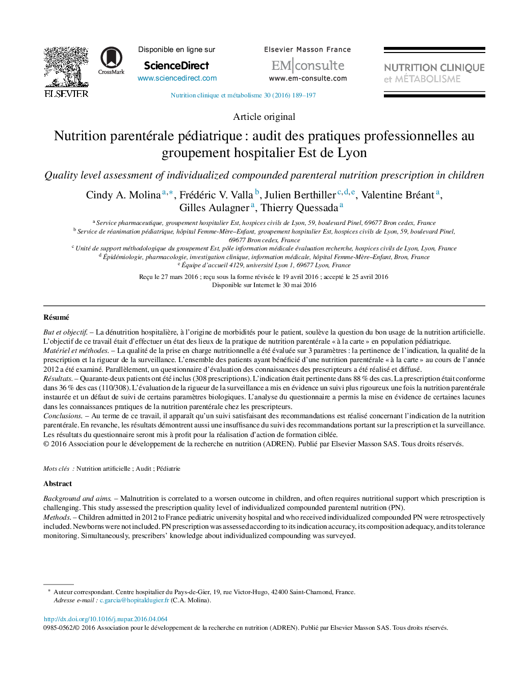 Nutrition parentérale pédiatrique : audit des pratiques professionnelles au groupement hospitalier Est de Lyon