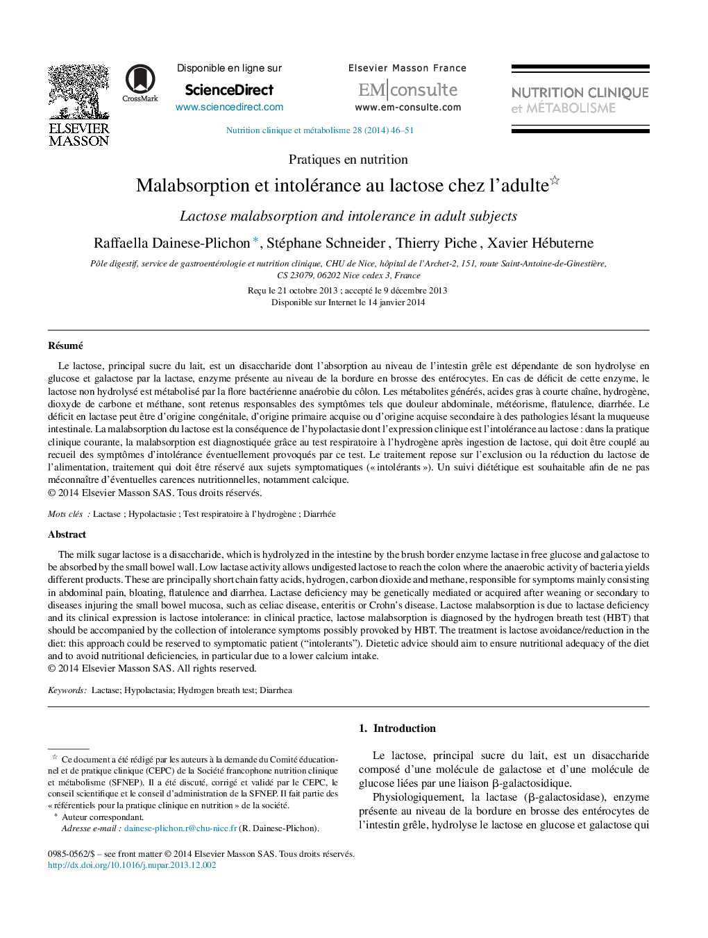 Malabsorption et intolérance au lactose chez l’adulte 