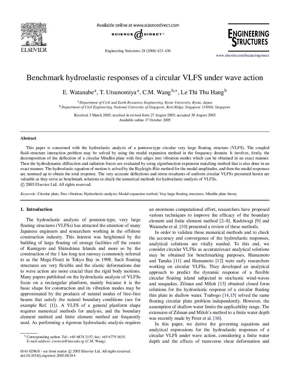 Benchmark hydroelastic responses of a circular VLFS under wave action