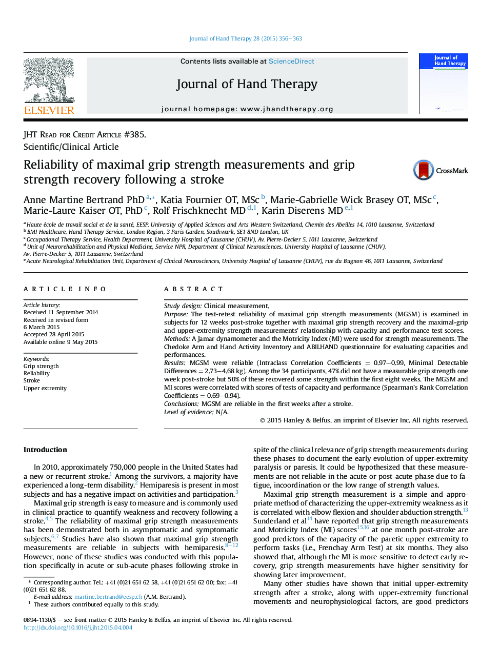 Reliability of maximal grip strength measurements and grip strength recovery following a stroke