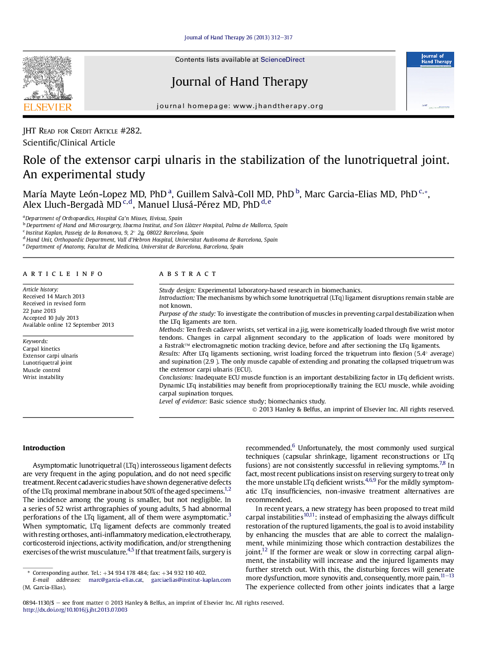 Role of the extensor carpi ulnaris in the stabilization of the lunotriquetral joint. An experimental study