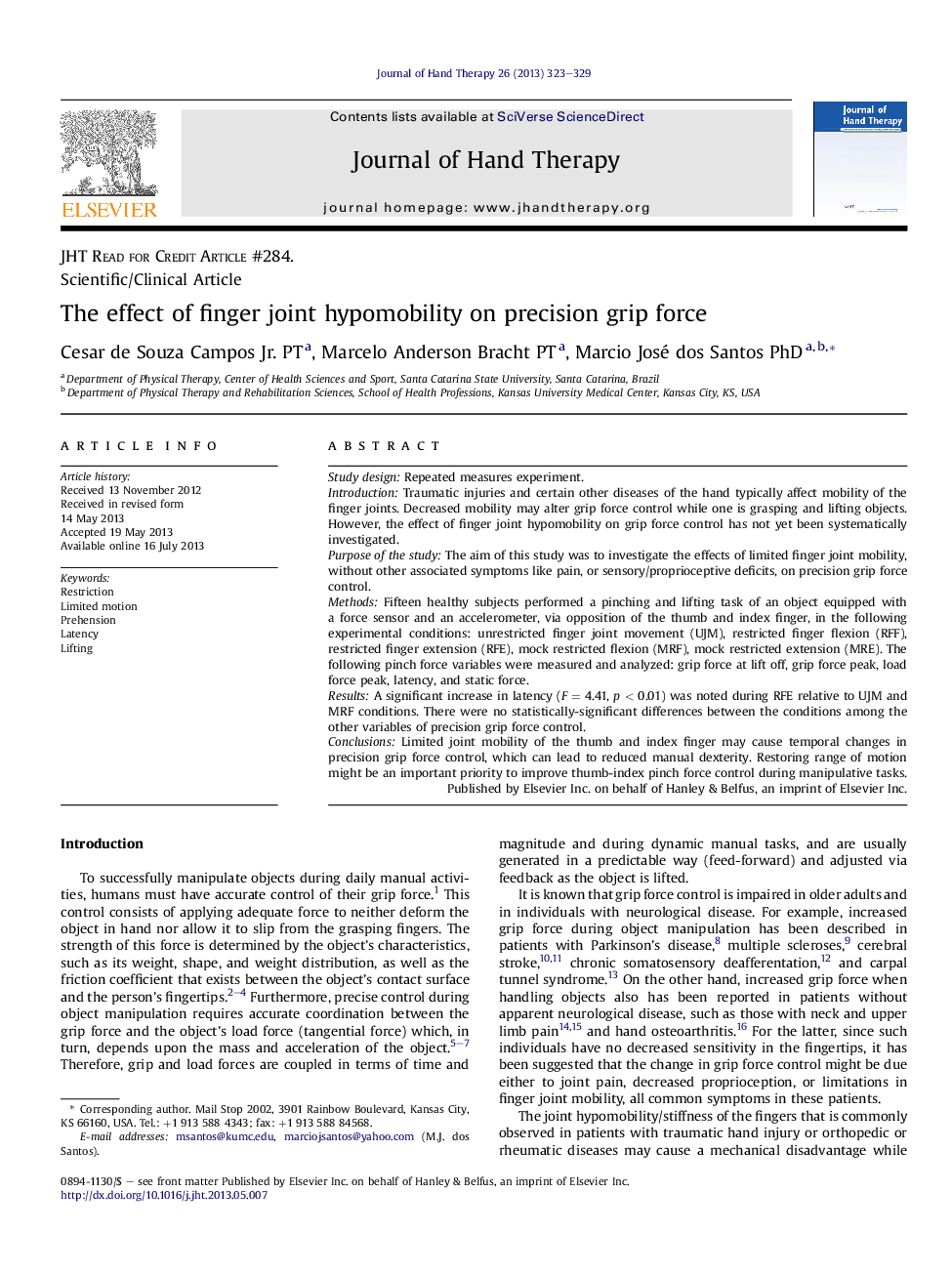 The effect of finger joint hypomobility on precision grip force