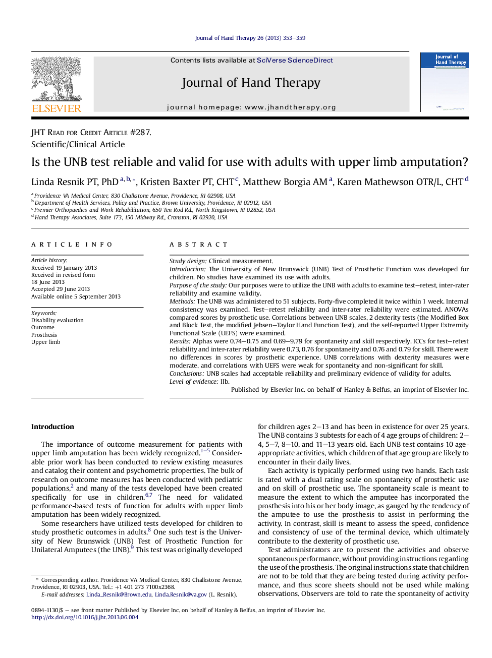 Is the UNB test reliable and valid for use with adults with upper limb amputation?