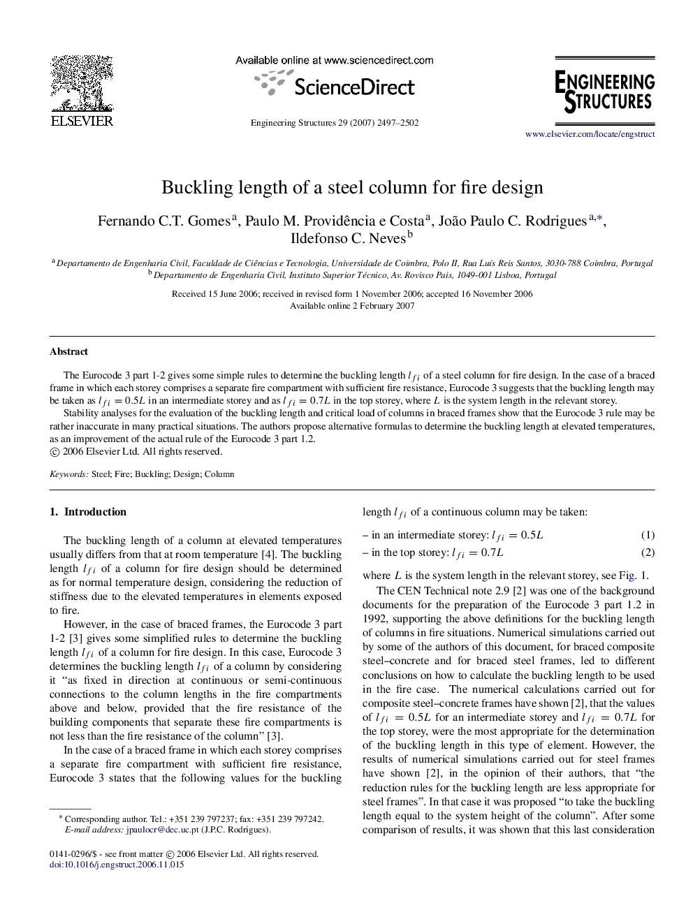 Buckling length of a steel column for fire design