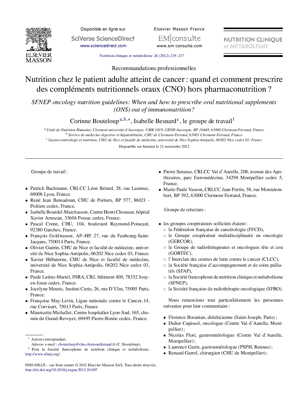 Nutrition chez le patient adulte atteint de cancerÂ : quand et comment prescrire des compléments nutritionnels oraux (CNO) hors pharmaconutritionÂ ?