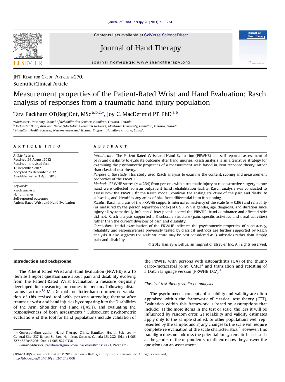 Measurement properties of the Patient-Rated Wrist and Hand Evaluation: Rasch analysis of responses from a traumatic hand injury population