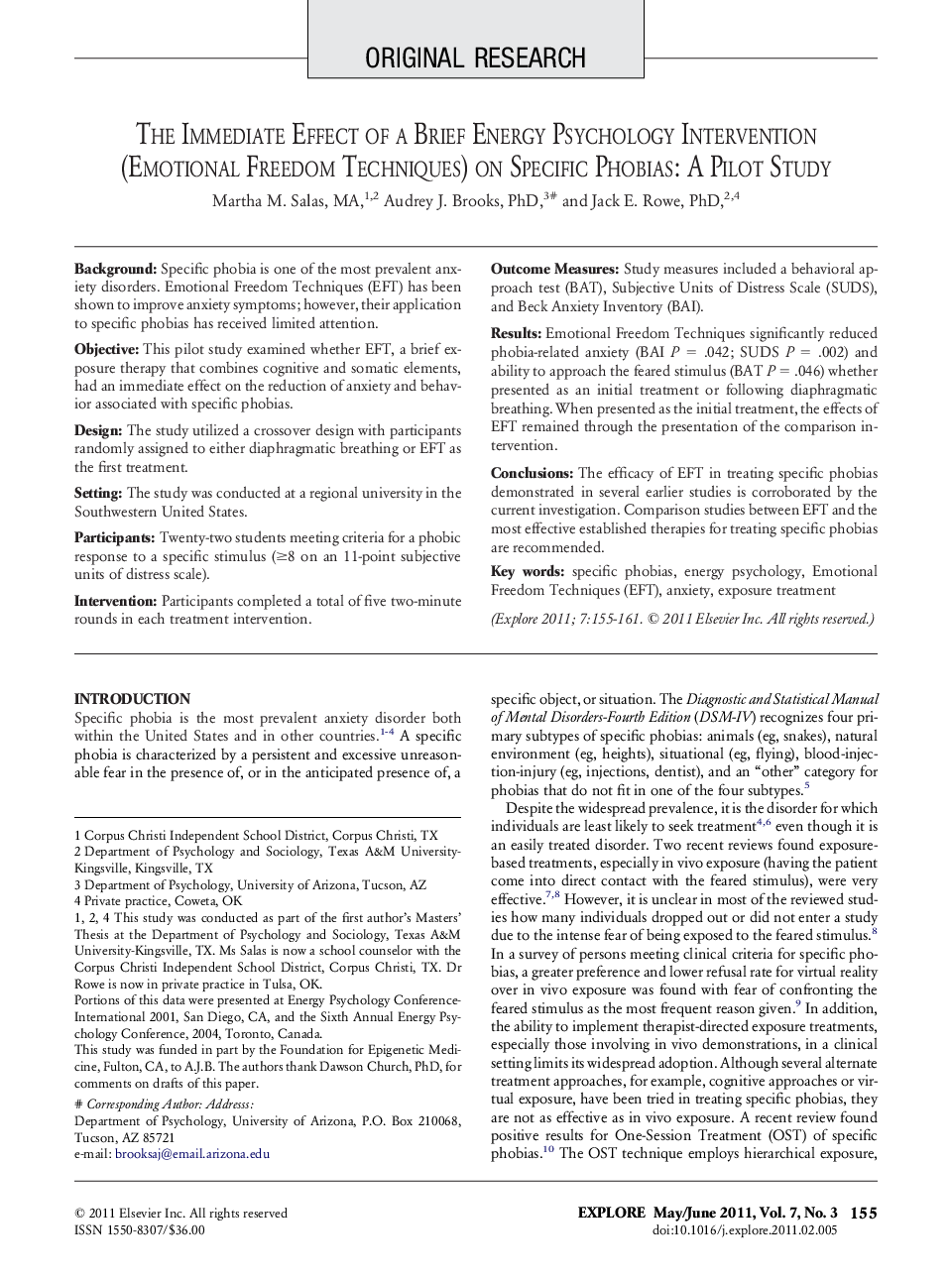 The Immediate Effect of a Brief Energy Psychology Intervention (Emotional Freedom Techniques) on Specific Phobias: A Pilot Study 