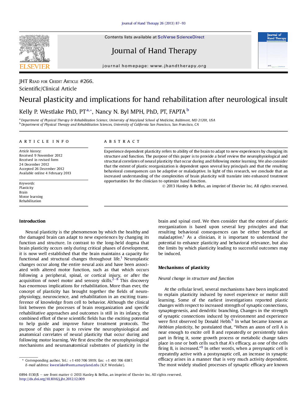 Neural plasticity and implications for hand rehabilitation after neurological insult