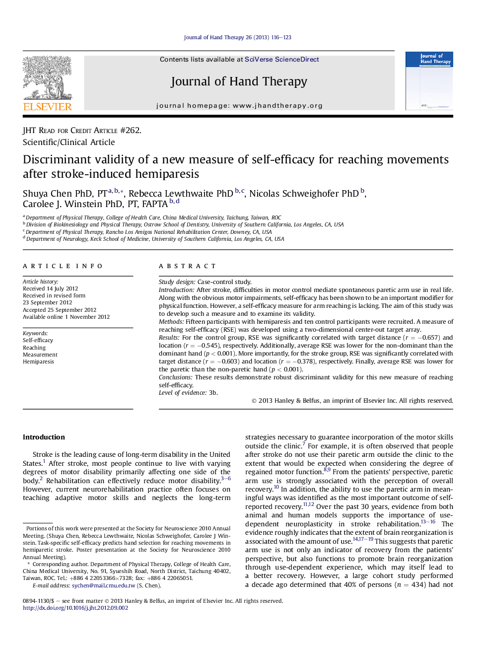 Discriminant validity of a new measure of self-efficacy for reaching movements after stroke-induced hemiparesis