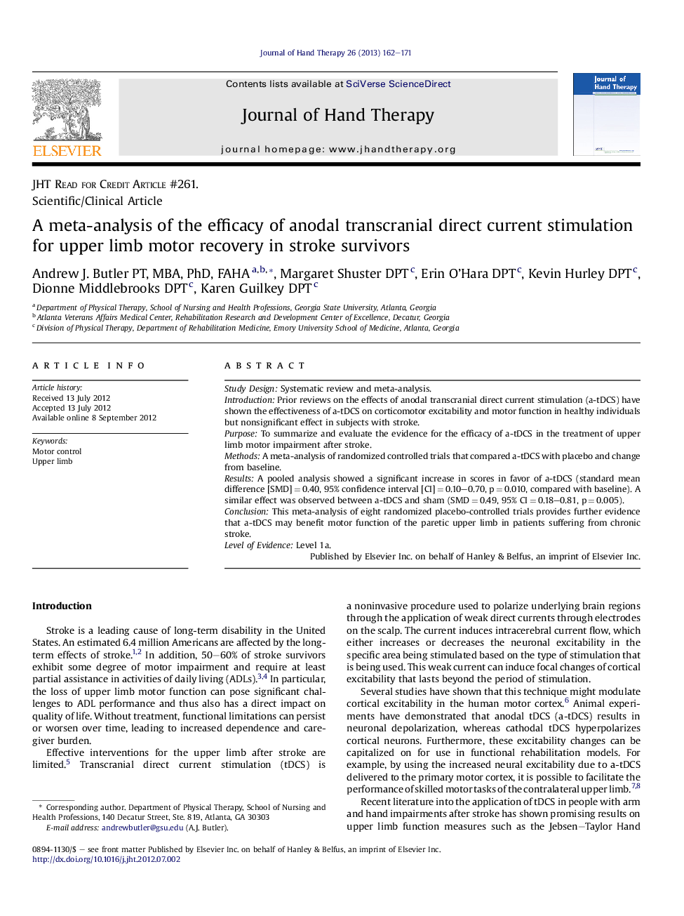 A meta-analysis of the efficacy of anodal transcranial direct current stimulation for upper limb motor recovery in stroke survivors