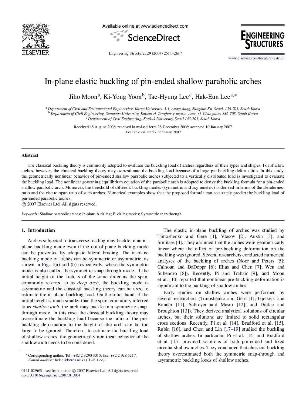 In-plane elastic buckling of pin-ended shallow parabolic arches