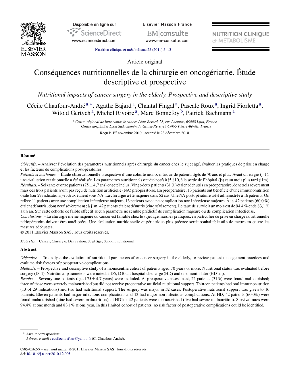 Conséquences nutritionnelles de la chirurgie en oncogériatrie. Étude descriptive et prospective