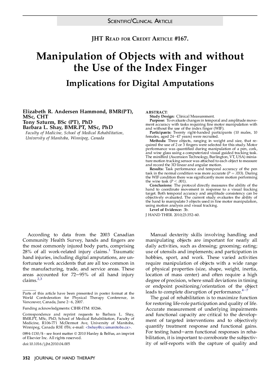 Manipulation of Objects with and without the Use of the Index Finger : Implications for Digital Amputations