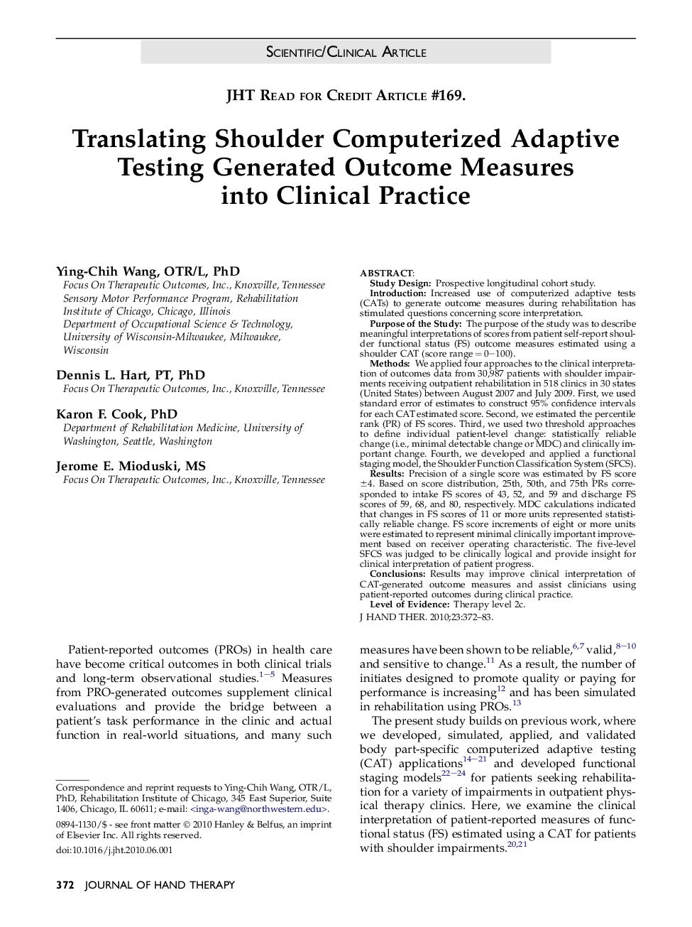 Translating Shoulder Computerized Adaptive Testing Generated Outcome Measures into Clinical Practice