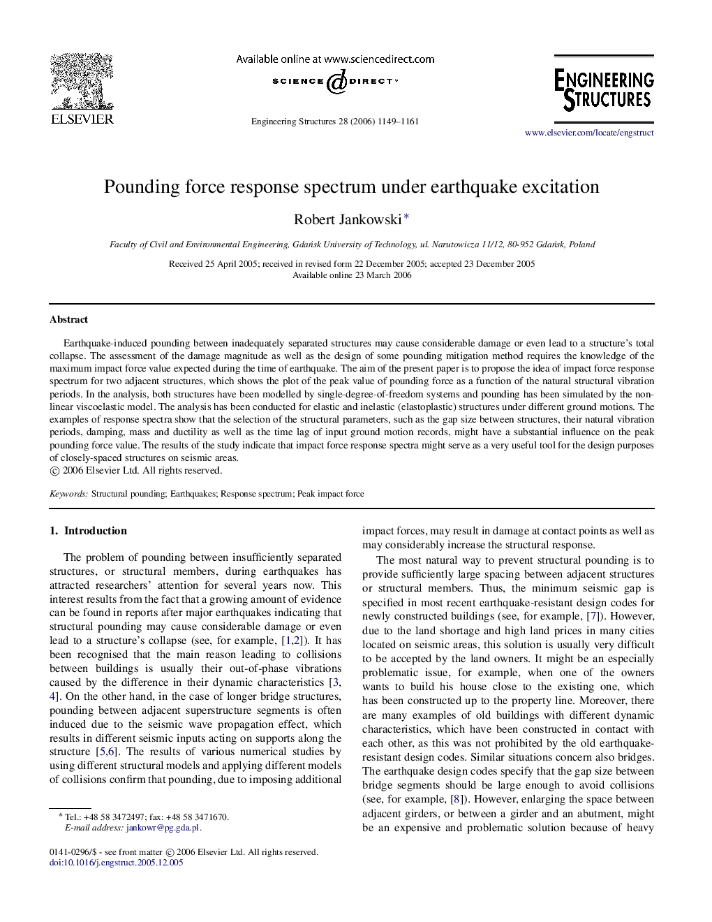 Pounding force response spectrum under earthquake excitation