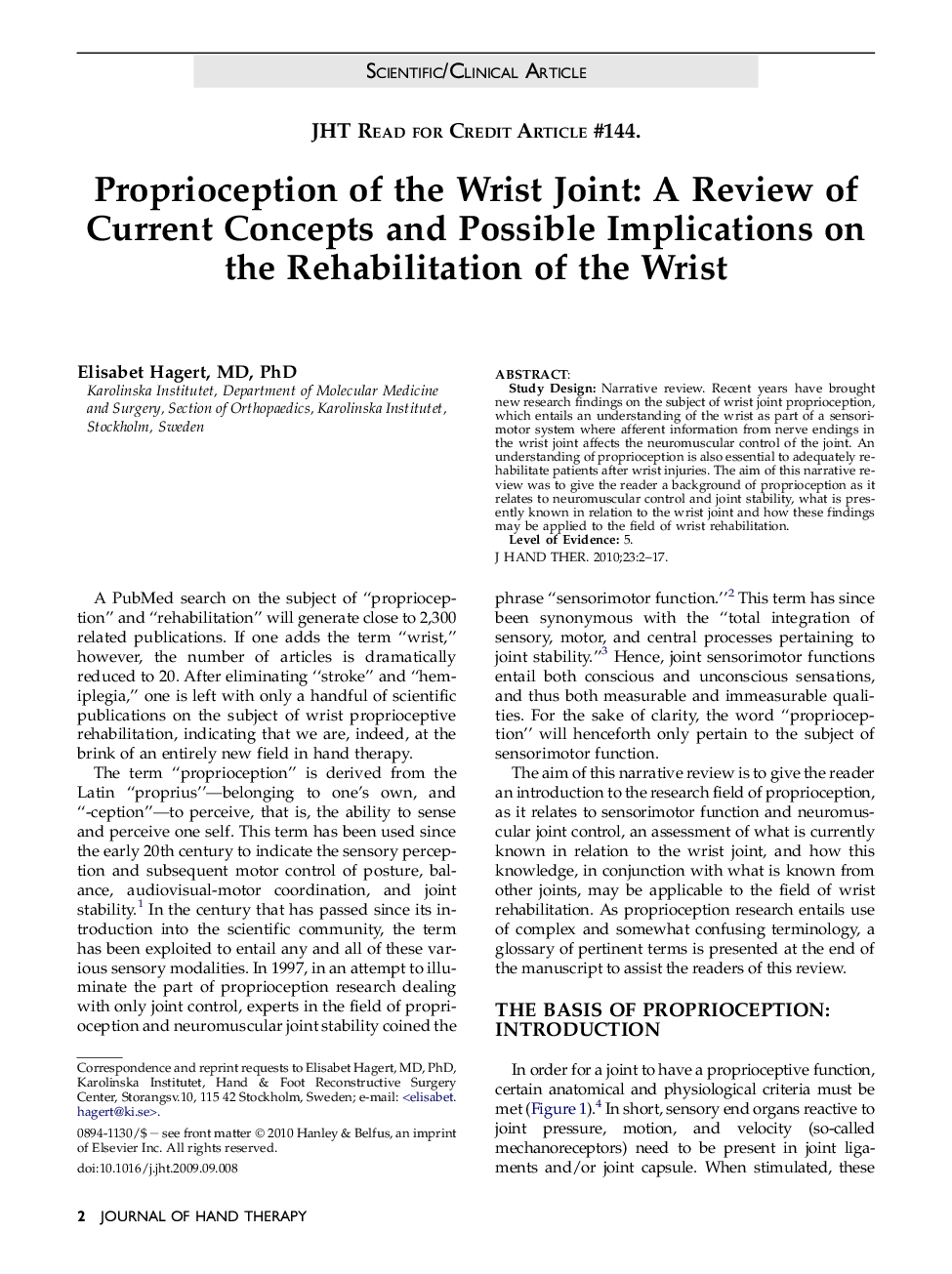 Proprioception of the Wrist Joint: A Review of Current Concepts and Possible Implications on the Rehabilitation of the Wrist